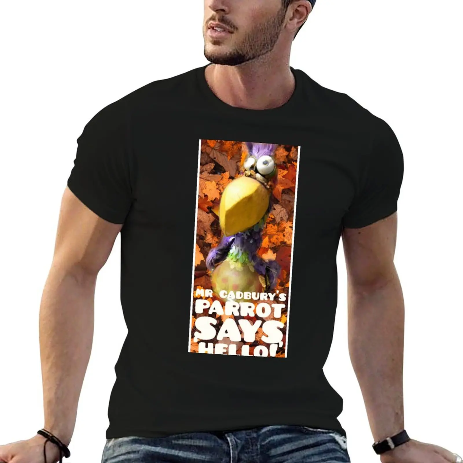 Camiseta con estampado de Mr Cadbury's Parrot que dice 'Hola', camiseta para hombre, camisetas divertidas de verano, camiseta de humor oscuro, camiseta de diseñador para hombre