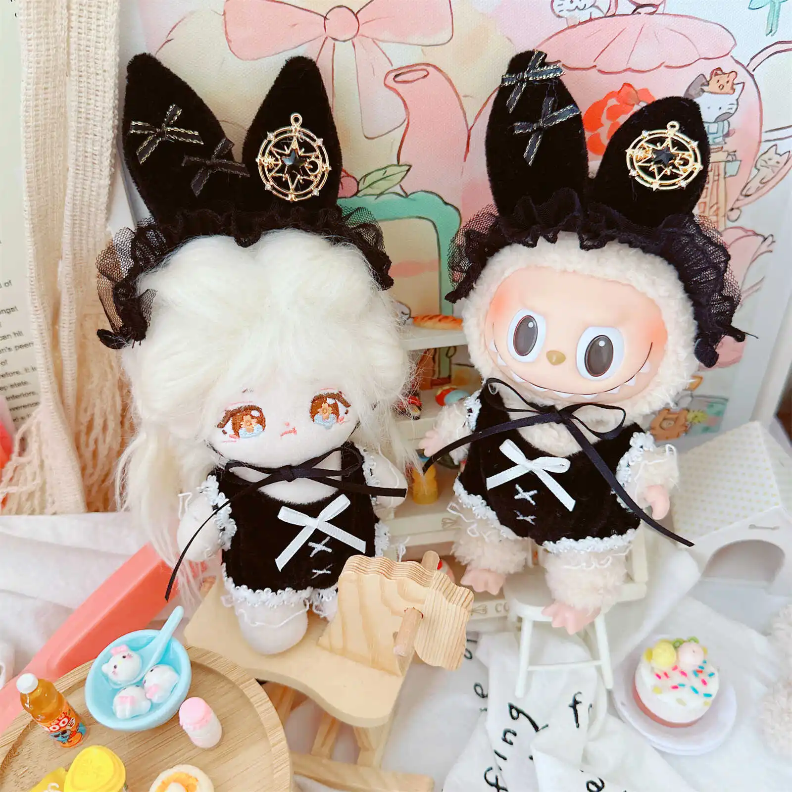 

10cm Kawaii Idol Doll Clothes Cute Black Jumpsuit Dress Bunny Ear Headwear 2Pcs Set Plush Doll Clothes Accessories Fans Gifts