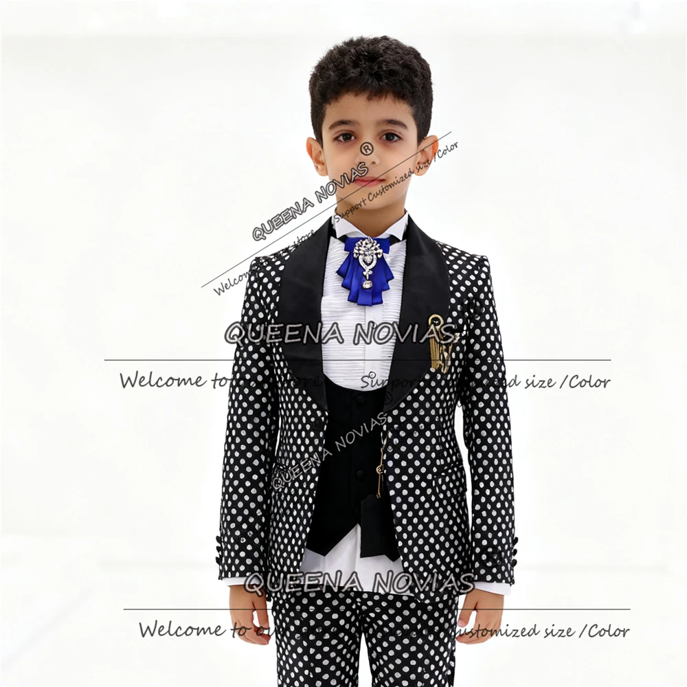 

Elegant Boy's Suit Attire For Wedding Polka Dot Prom Blazer Vest Pants 3 Piece Set Shawl Lapel Chidren Wedding Tuxedos Outfits