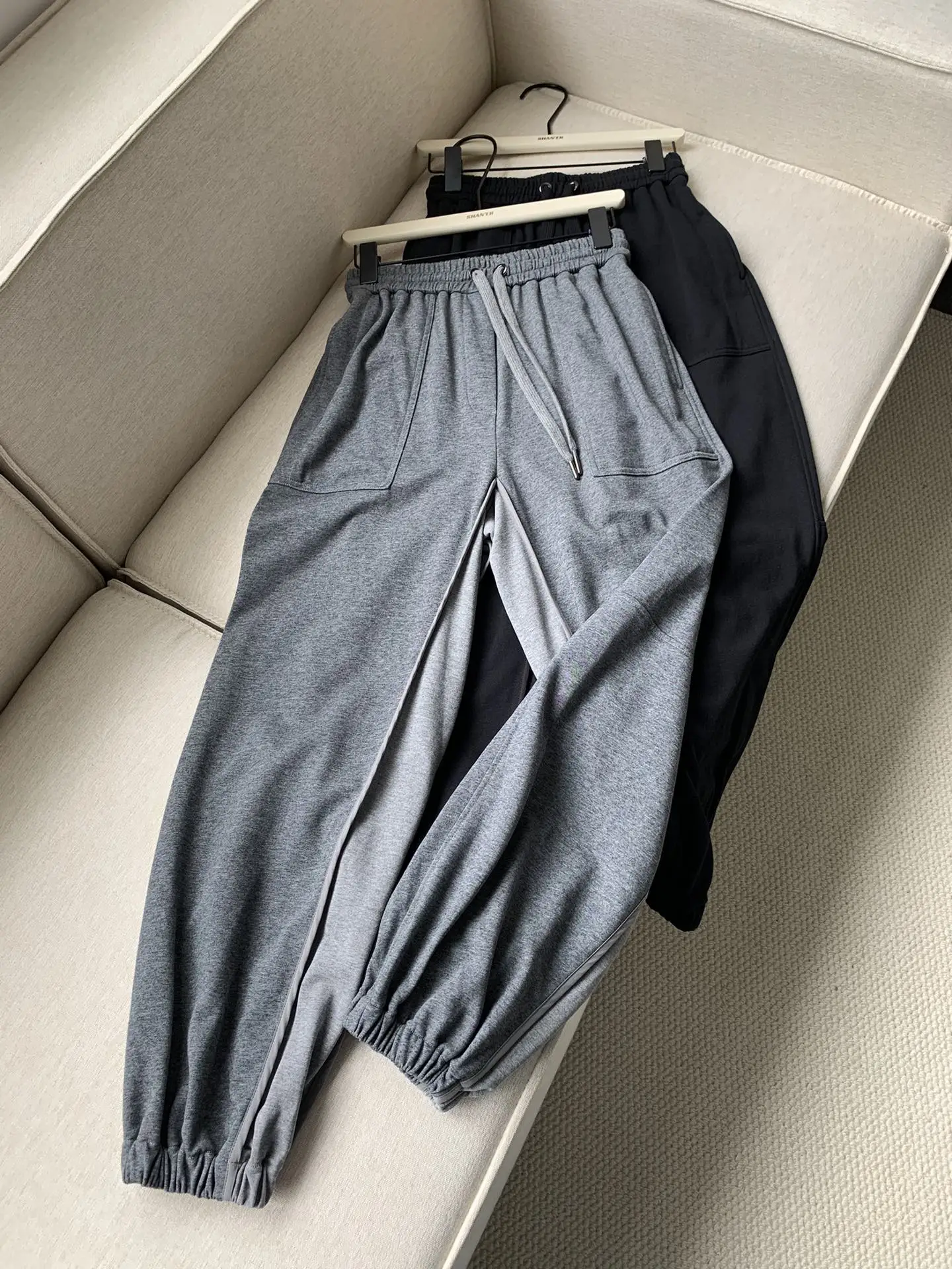 

Women Grey or Black Long Pants Drawstring Elastic Waist Straight Casual Autumn 2024 Trousers