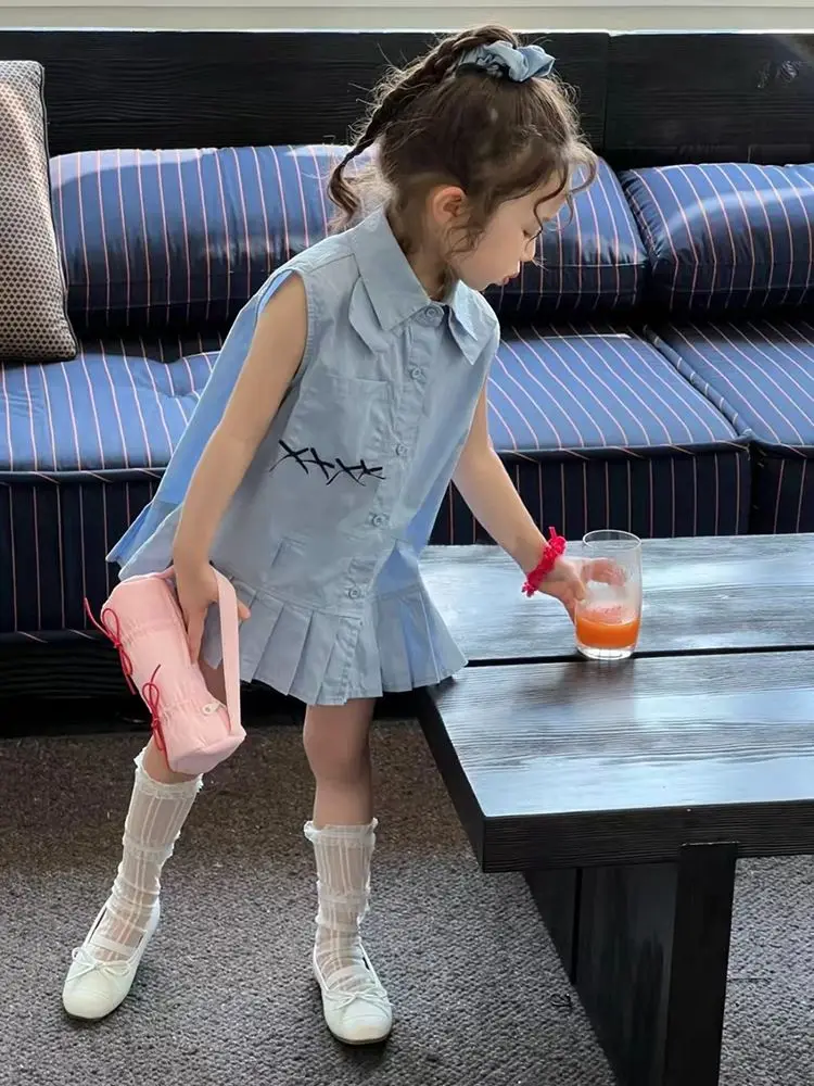 

Butful Knot Shirt Dress 2025 Summer New Casual Cute College Style Pleated Skirt Sleeveless Lapel Dress