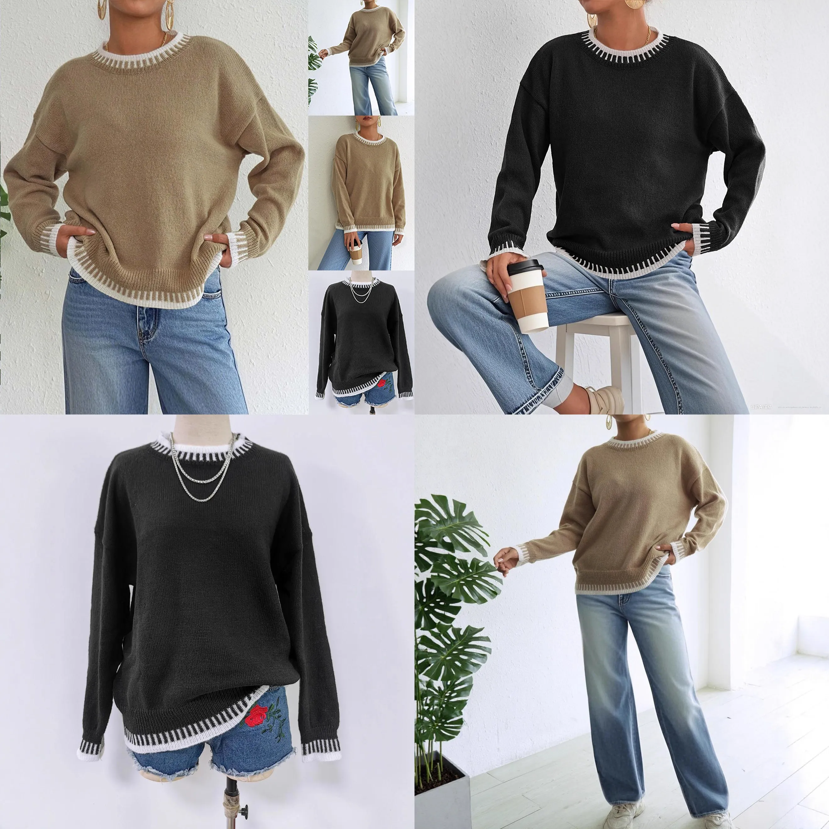Women Pullover Sweater Round Neck Color Block Knitwear Casual Loose Top Tunic Pullovers Sweaters Spring Summer