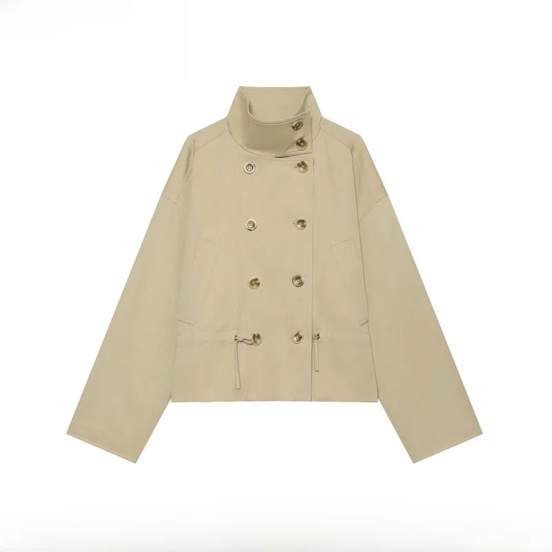 Early Autumn New Arrival Women's Fashion Stand Collar Double Row Button Drawstring Coat ZR Style Short Outerwear Jacket