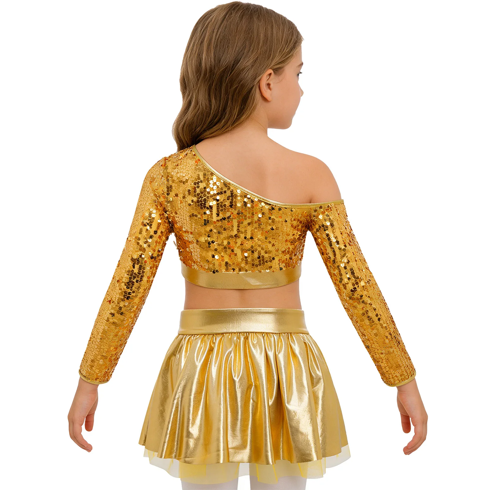 Shiny 70s Disco Costume for Kids Girls Jazz Dance Outfit One Shoulder Sequins Crop Top with Metallic Tutu Skirt Cheerleading Set