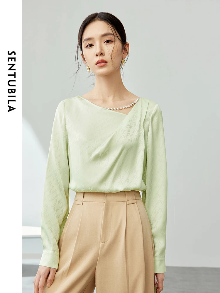 SENTUBILA Green Letter Jacquard Chiffon Shirt 2024 Spring Simple Skew Collar Loose Long Sleeve Blouse Womens Tops 141V53449