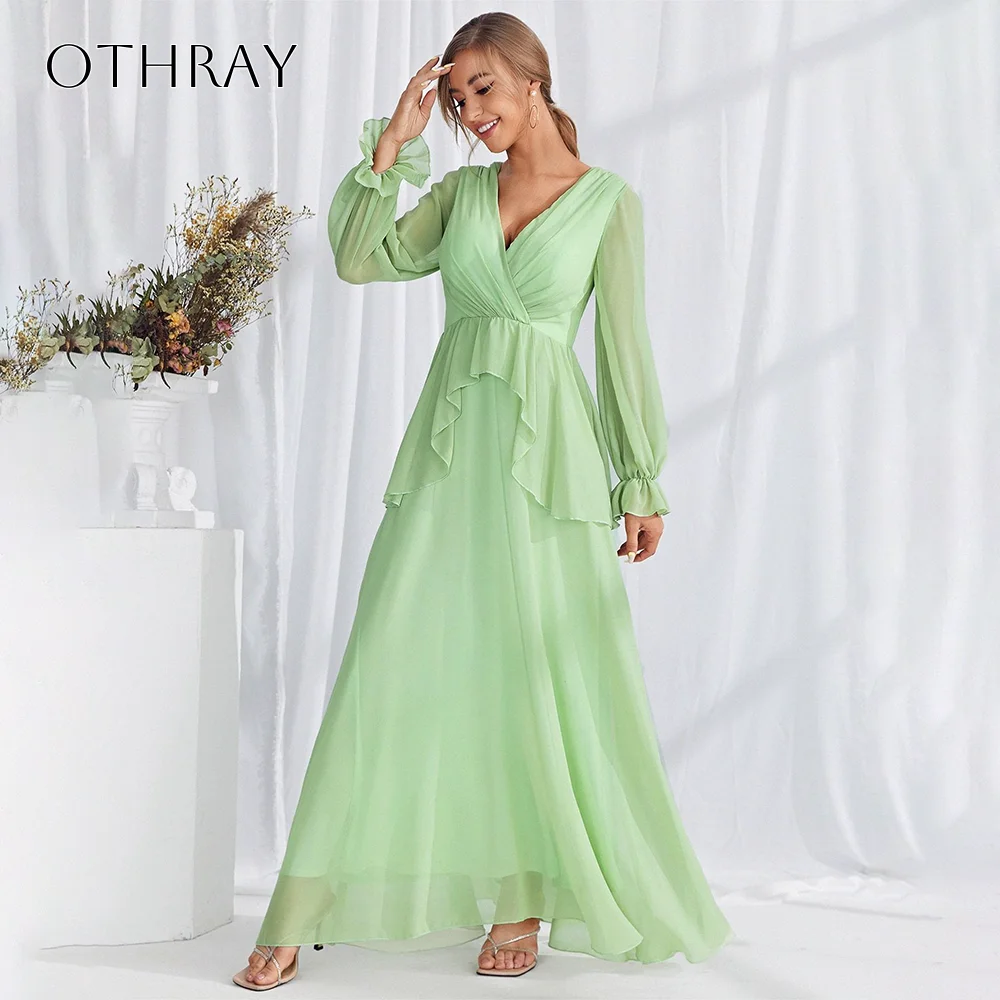 

V-neck Long Sleeves A-line Chiffon Prom Dress Pleated Ankle Length Customized سيرين لفساتين ا