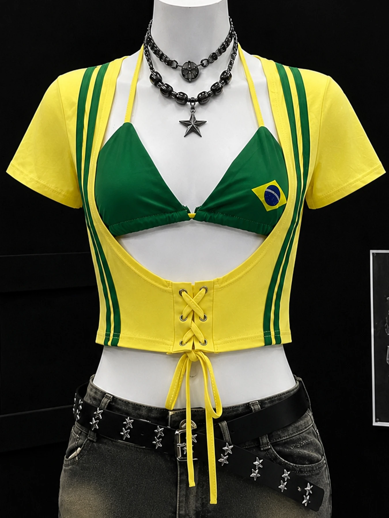 Brazil Yellow Green Fake Two‑Piece Crop Top Women Cut‑Out Waist Lace‑Up Y2K Rave Tee