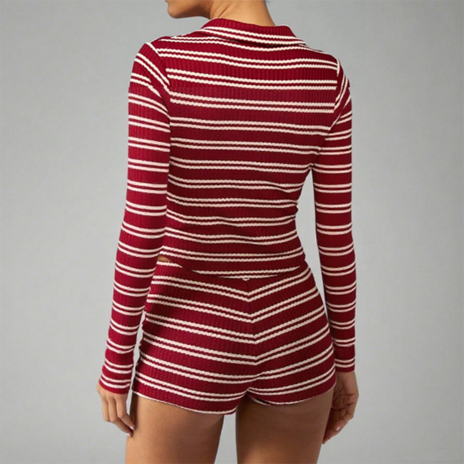 

Женские осенние наряды из двух предметов Fairycore в стиле гранж, укороченные топы с длинными рукавами и лацканами в полоску с V-образным вырезом и шортами, комплект из 2 предметов