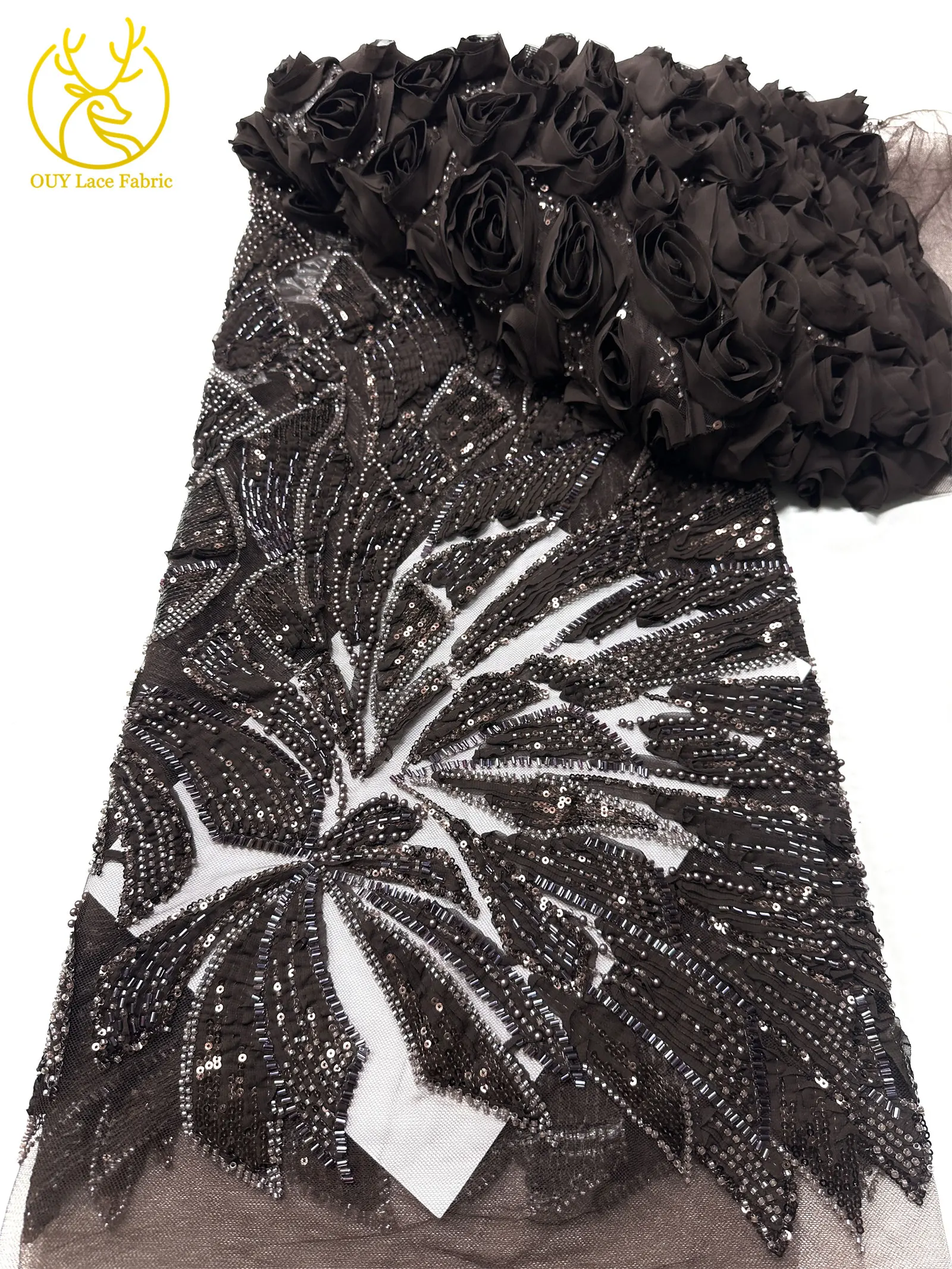 Rosa 3D Mode-Mesh-Tüll-Spitzenstoff 2026 Nigerianischer Perlen-Pailletten-Spitzenstoff für Damen Hochzeits- und Abendkleider zum Nähen 5 Yards – Detail 18