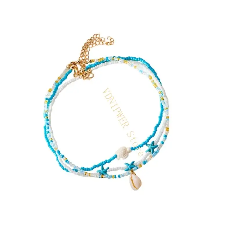 قلادة من الخرز مع السلاحف البحرية المصنوعة يدويًا شل نجمات نجمات قلادة ترقاء سلسلة مجوهرات متعددة الطبقات لقضاء العطلة D08E