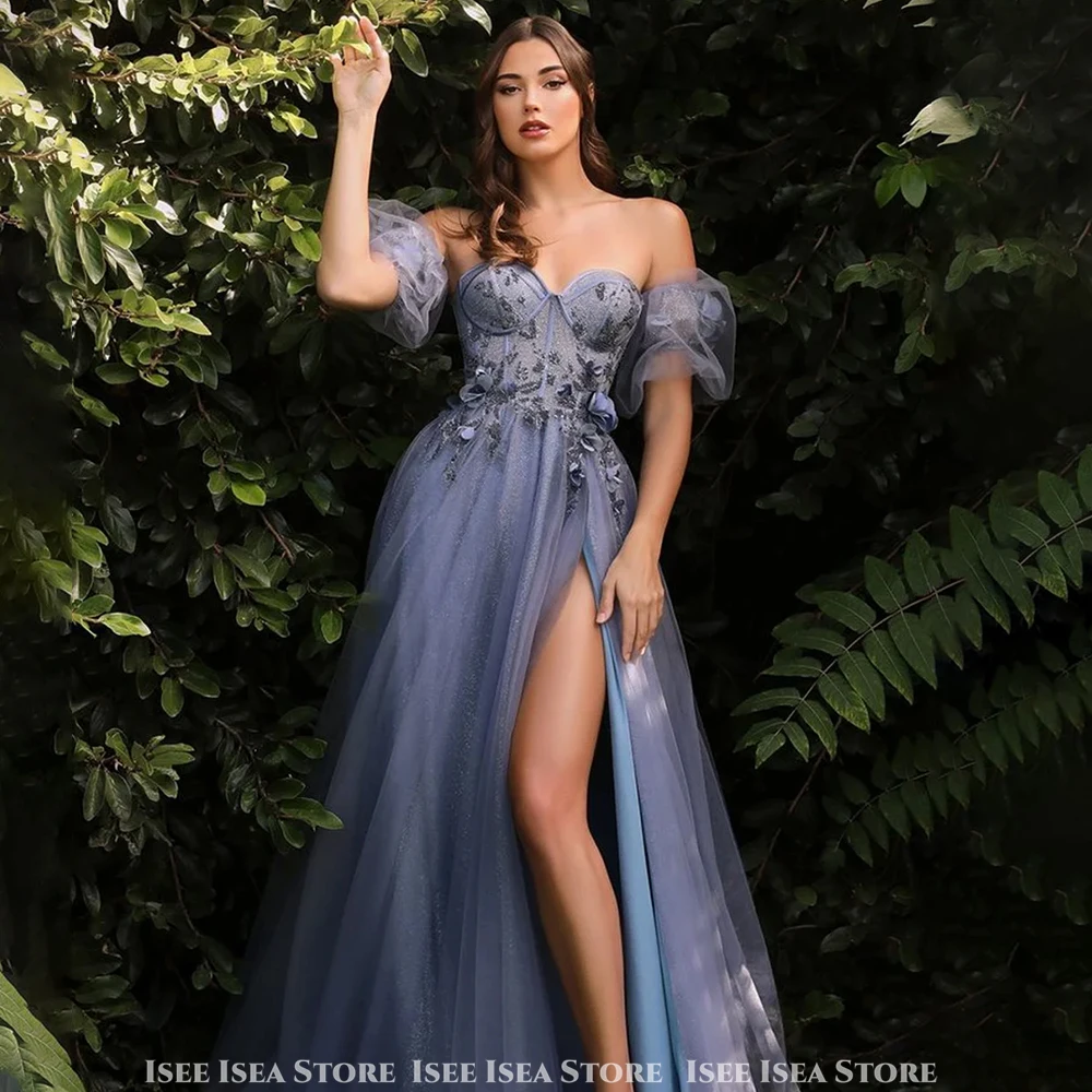 

Evening Luxury Dresses Cap Puff Sleeve Woman Shiny 3D Flower Heart Shaped Neck Romantic Party Gowns Prom Dress Customized