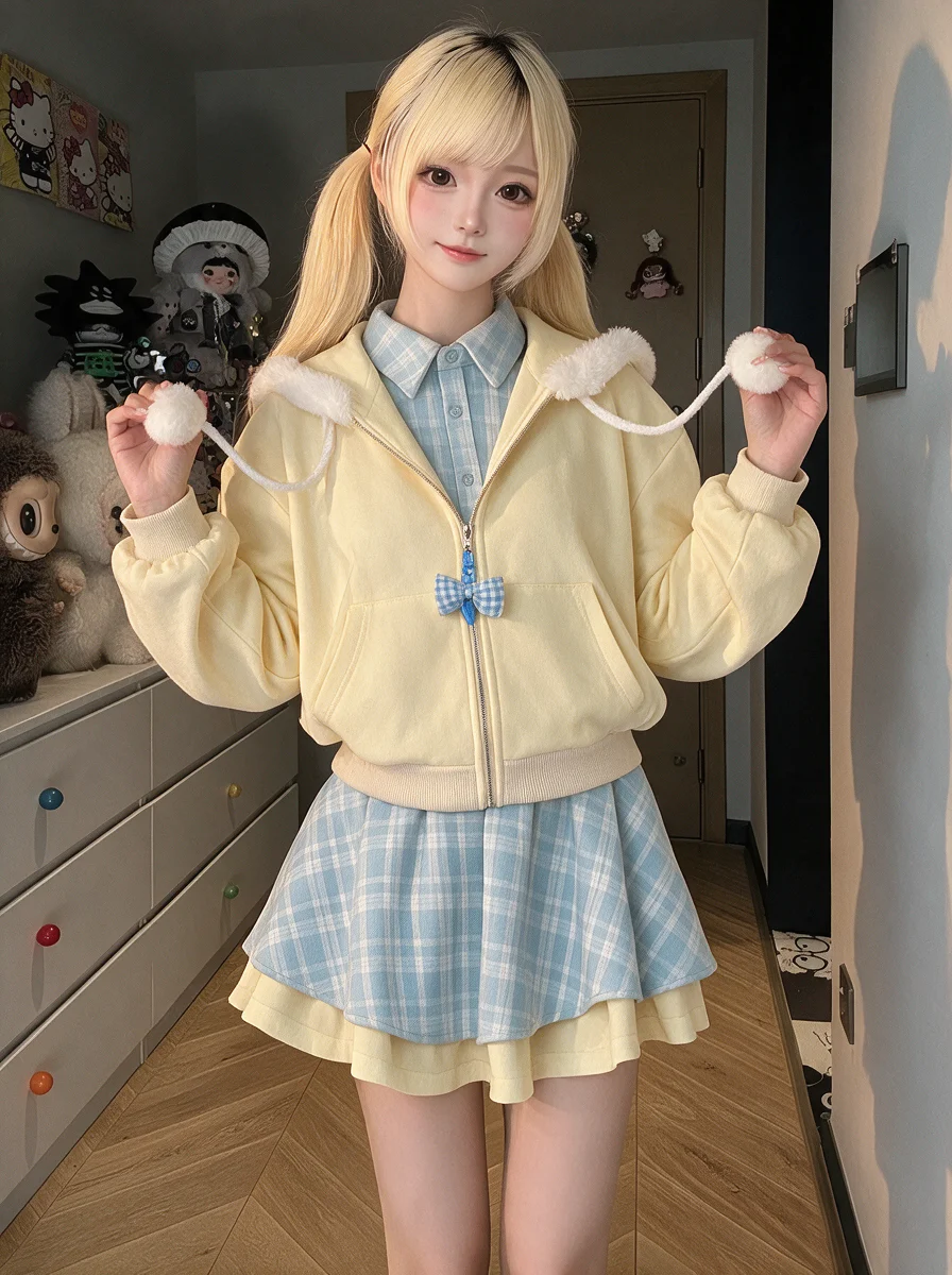 Sweet Girl Yellow Two-Piece Set Hoodie Short Skirt Autumn Winter Fashion Ensemble Korean Style Long Sleeve Casual Outfit