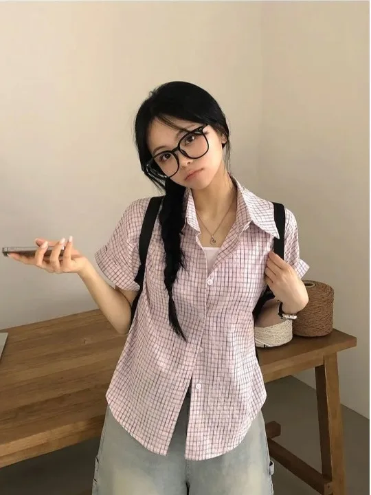 

Summer Fre Plaid ort Sve Women's Casual irt Loose Fit Slimming Korean Sle Single Button Cardigan Top Trendy
