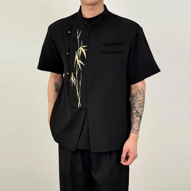 

KIDWHXR Summer Blazer Men Chinese-style Printed Male Suit Coat Thin Stand Collar Short Sleeve Comfortable Casual Man Outerwear