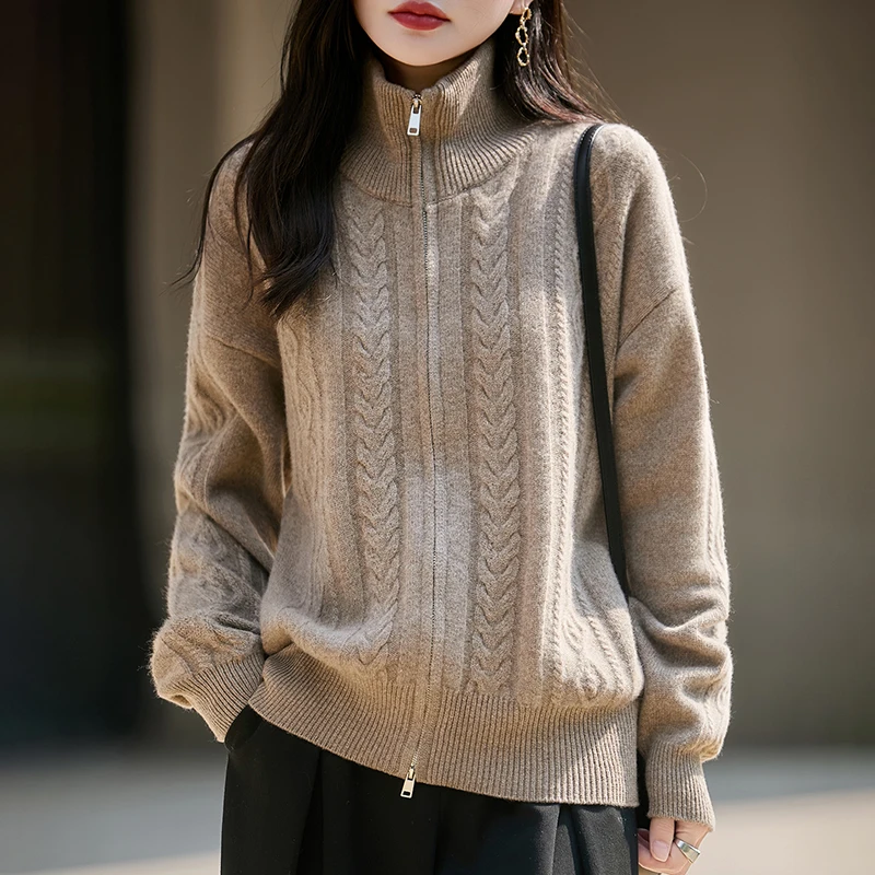 

Весенне-осенний женский кардиган из 100% мериносовой шерсти, вязаный узор, высокий воротник, молния, свитер с длинными рукавами, мягкий топ высокого качества