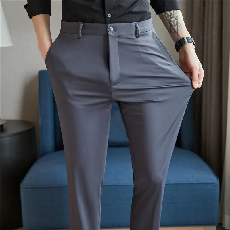 

2022 Summer Elastic Ice Silk Business Dress Pants Men Slim Casual Office Social Suit Pants Breathable Streetwear Trousers 28-38