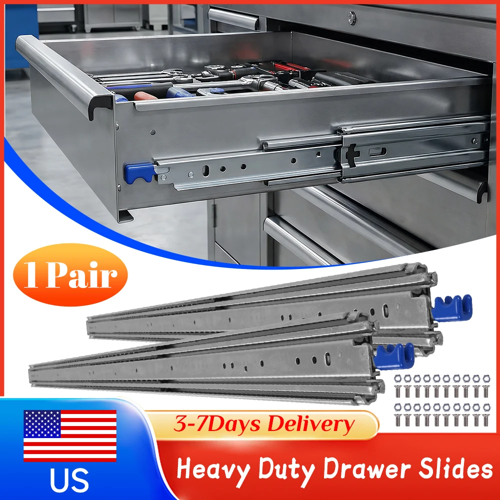 

Выдвижные направляющие для ящиков с полным выдвижением, усиленные, 500 фунтов, боковое крепление, 3-секционные, на шарикоподшипниках, стальные, для шкафов и инструментальных ящиков ﻿