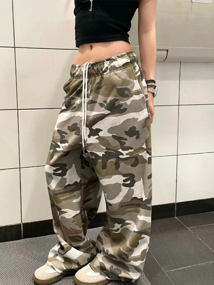 American Style Retro Camouflage Casual Pants Loose Versatile Wide Leg Pants Women Casual Elasticity Drawstring Trousers Women