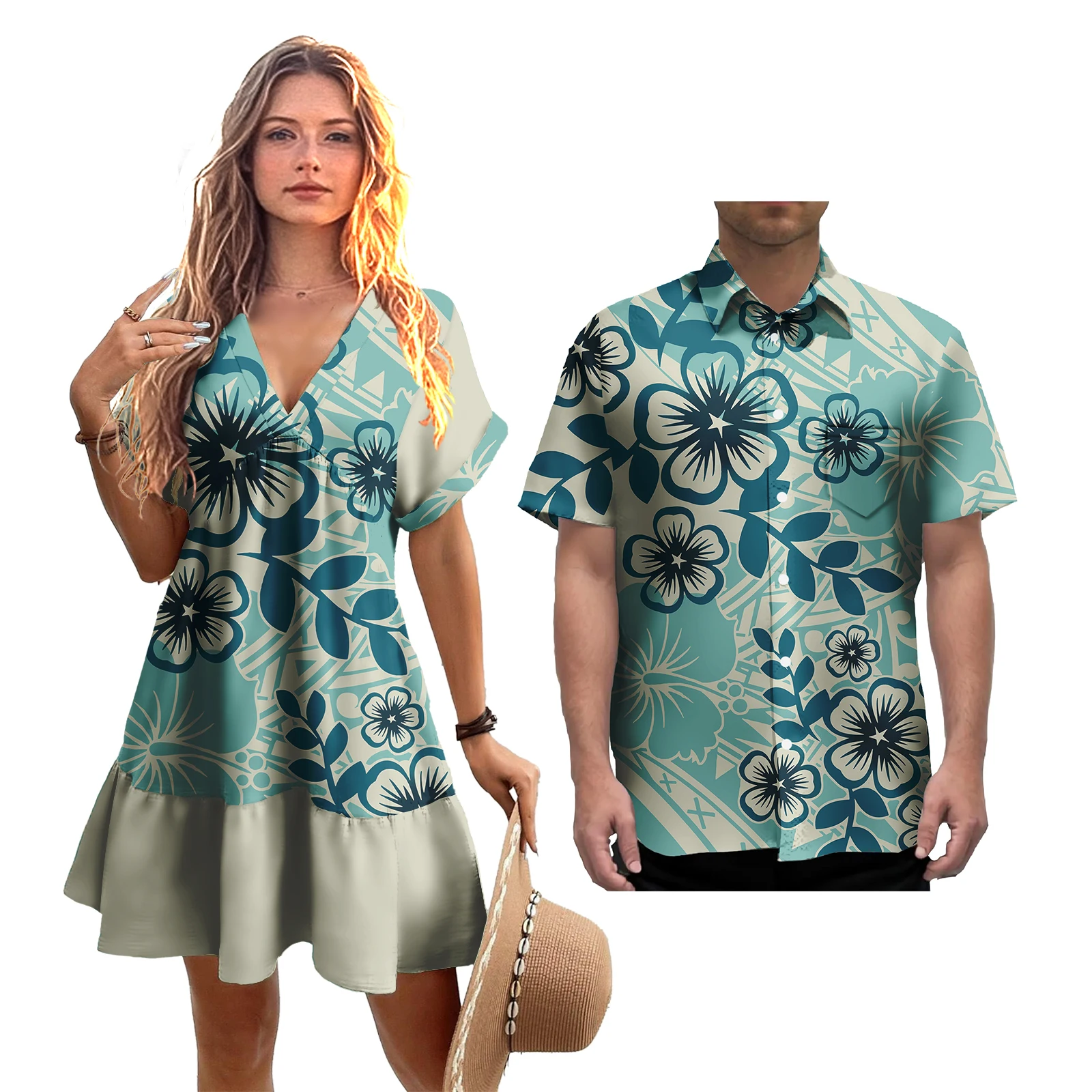

Hawaiian Couples Matching Outfits Set Custom Tribal Tattoo Tiare Flower Prom Gown Aloha Shirt & Samoa Puletasi Dress