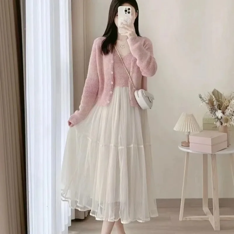Women's Spring Autumn Sweet Pink Knit Cardigan Sling Mesh Skirts Three Piece Set Lady Koran Graceful Slim Coat Vest Skirt Suits