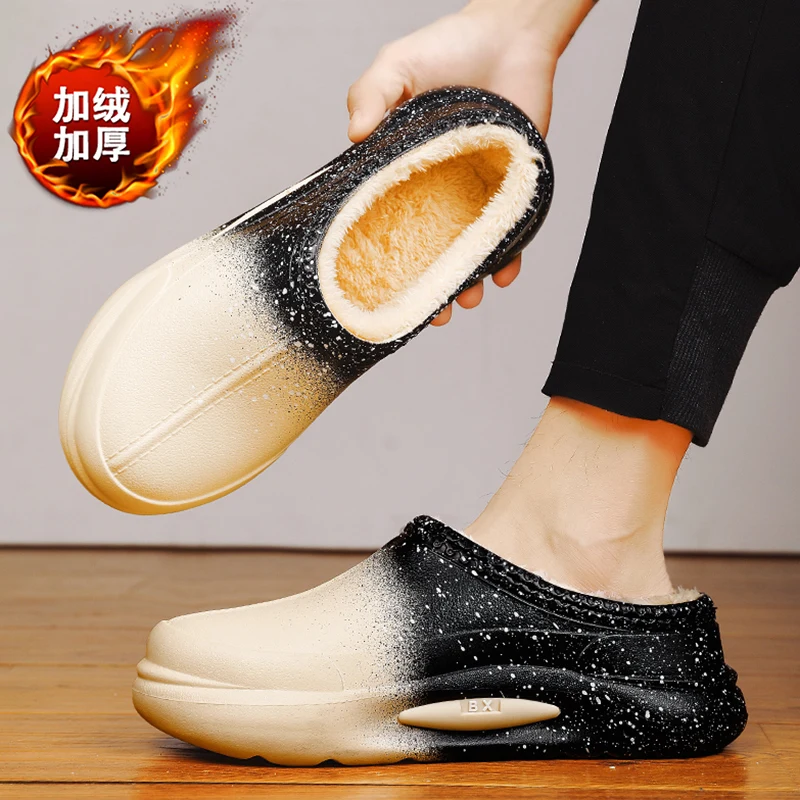 Warm Winter Men Plush Fur Clogs Slippers Furry Slippers Waterproof Concise Indoor Winter House Cotton Shoes Casual Fluffy Slides