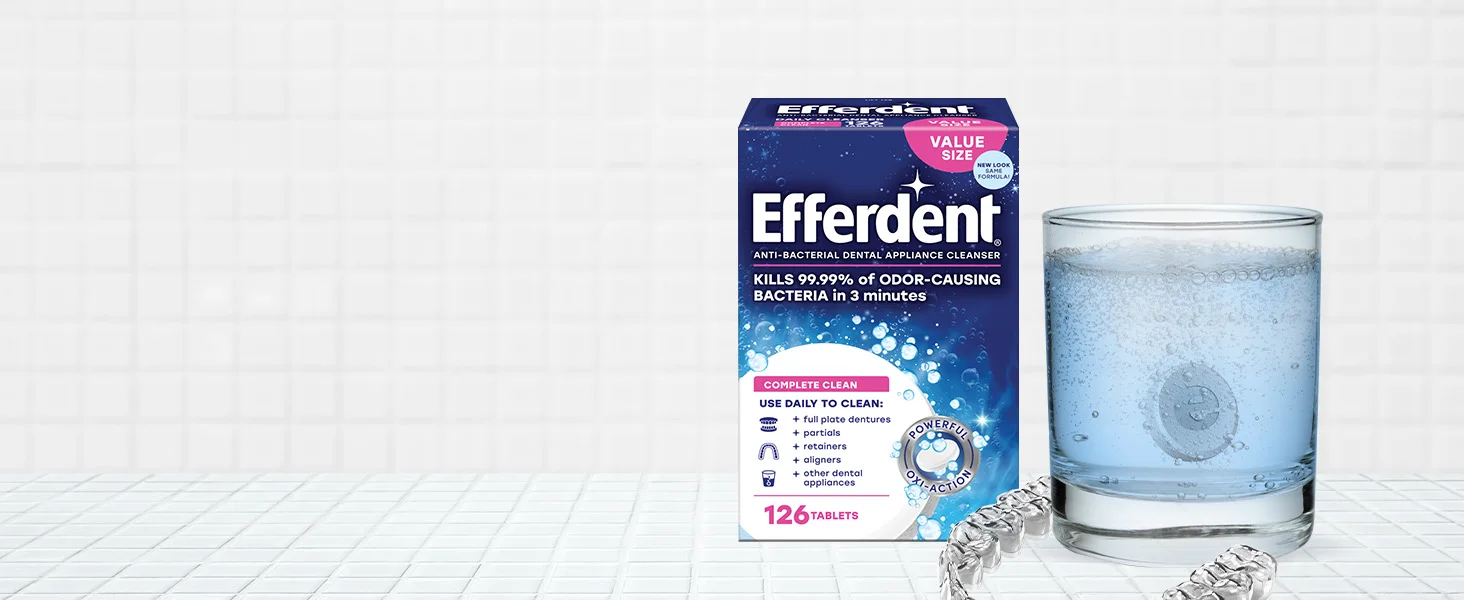 retainer cleaner tablets daily to clean retainers, full-plate dentures, partials, dental appliances