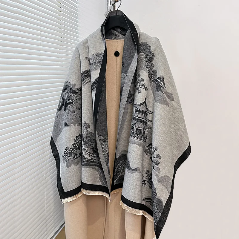 NEW Fashion Chinese Style Two-Sided Jacquard Thickened Pashmina Scarf Cashmere Short Beard Shawl Winter Keep Warm Female Scarf