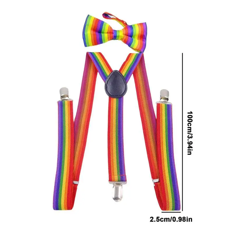 Rainbow Suspenders Colorful Rainbow Y-Back Adjustable Suspenders And Bow Tie Set Unisex Shoulder Straps Accessory For Cosplay