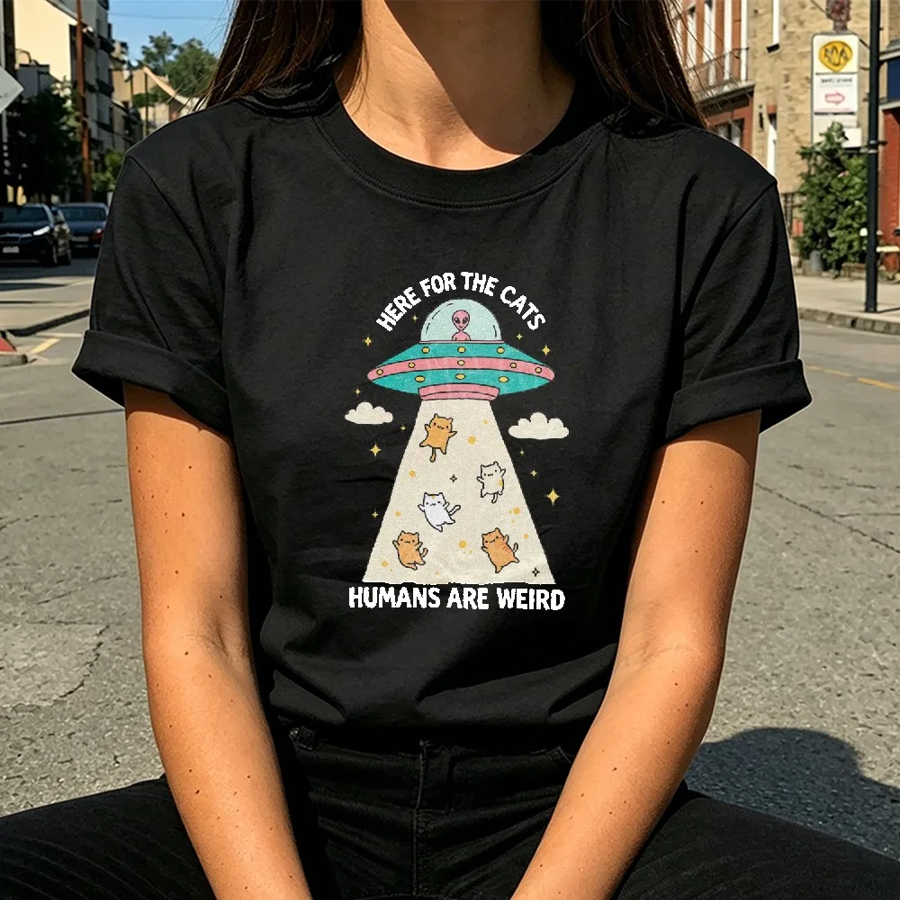 Alien UFO Here For The Cats Humans Are Weird Graphic T Shirt Funny Space Cat Print Short Sleeve Tee Cat Lover UFO Fan