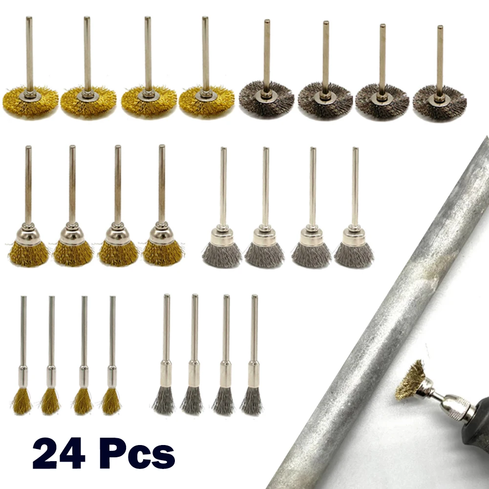 24Pcs Brass Brush Stainless Steel Wire Wheels Brushes Drill Rotary Tools Polishing For  Rotary Tools Metal Rust Removal Brushes