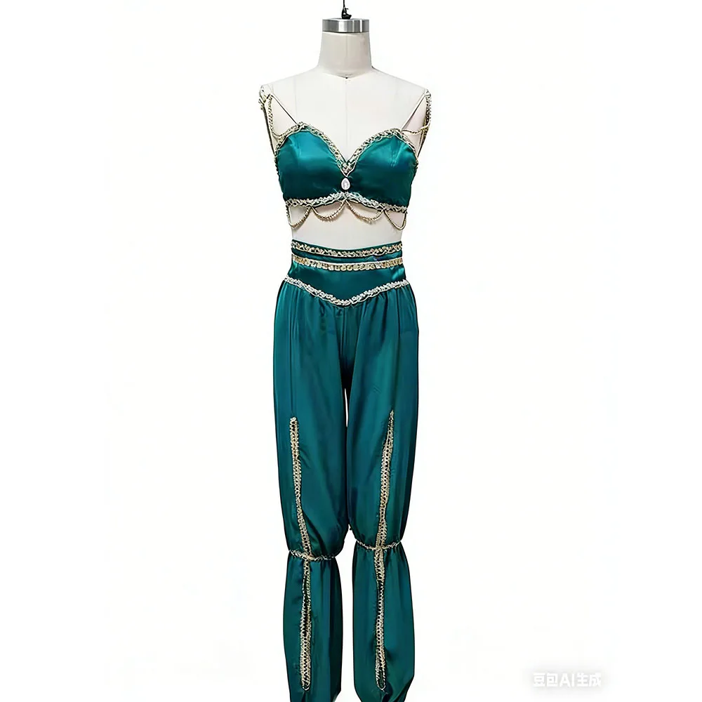Arabian Princess Nutcracker Ballet Top And Pants With Arm Bands,2 Pieces Green Arabian Dance Indian Ballet Costume Lyrical Set