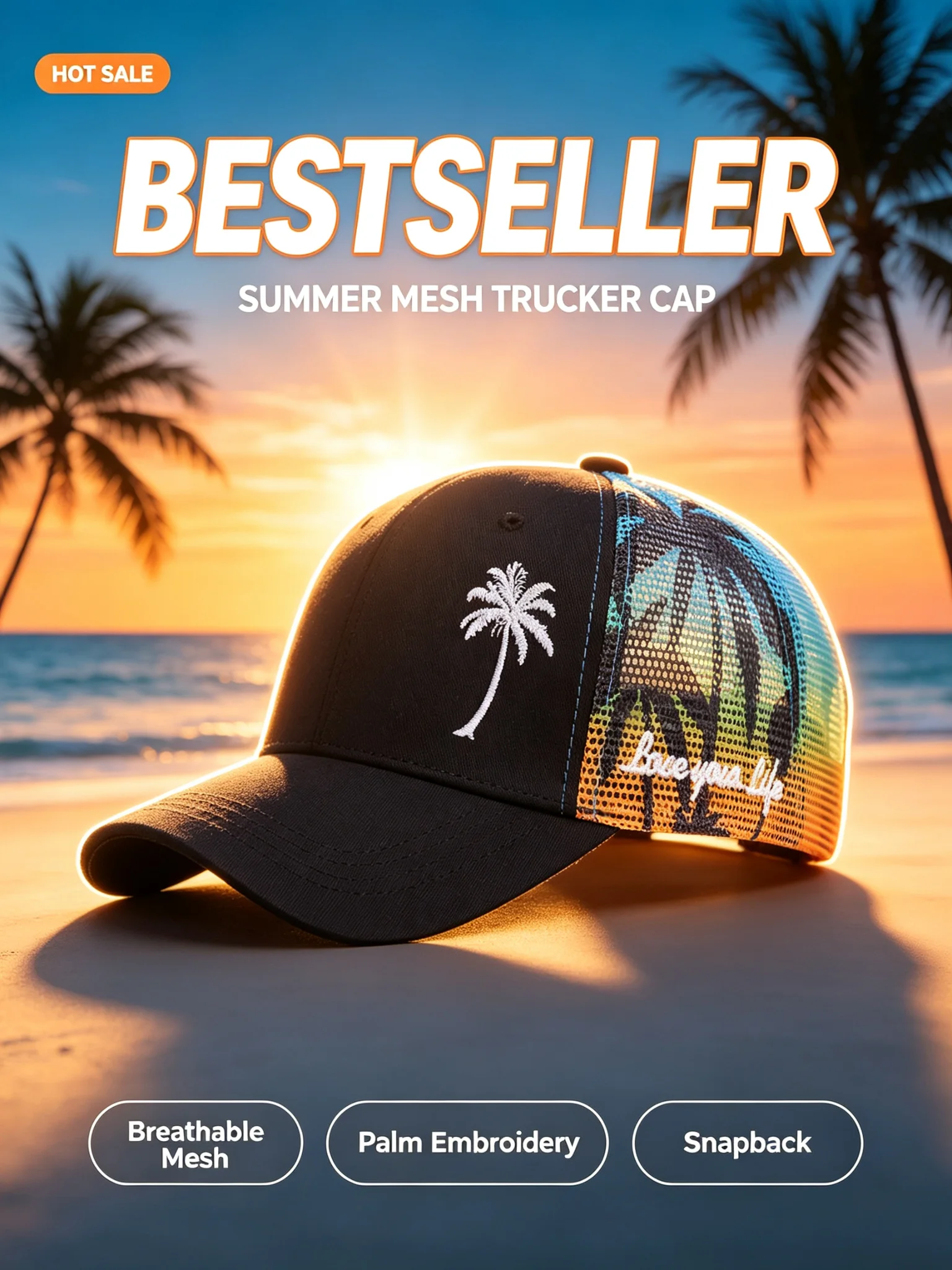 Trucker Coole Designs Atmungsaktive Kokosnussbaum-Stickerei Baseball Outdoor Schatten Sonnenschutz Mesh Cap Herren- und Damen-Sonnenhut – Detail 2