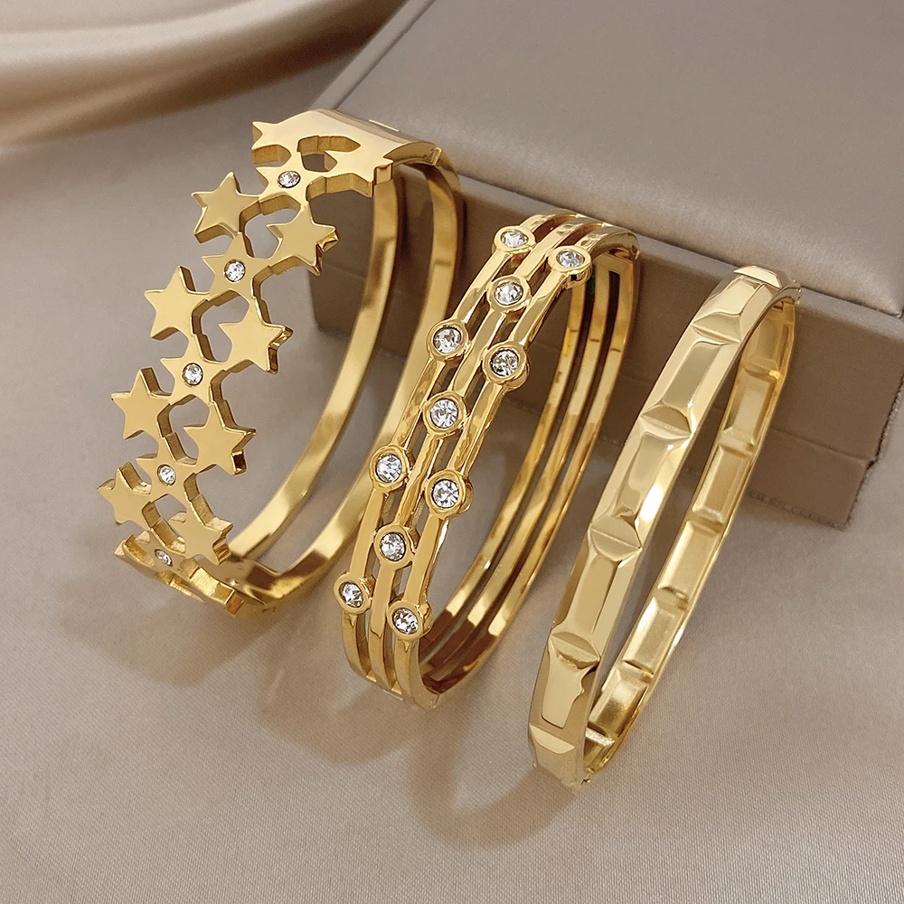 Greatera Three-dimensional Cut Golden Bracelet Simple Multi-row Five-pointed Star Double-track Chain Cuff Bangle For Women Men