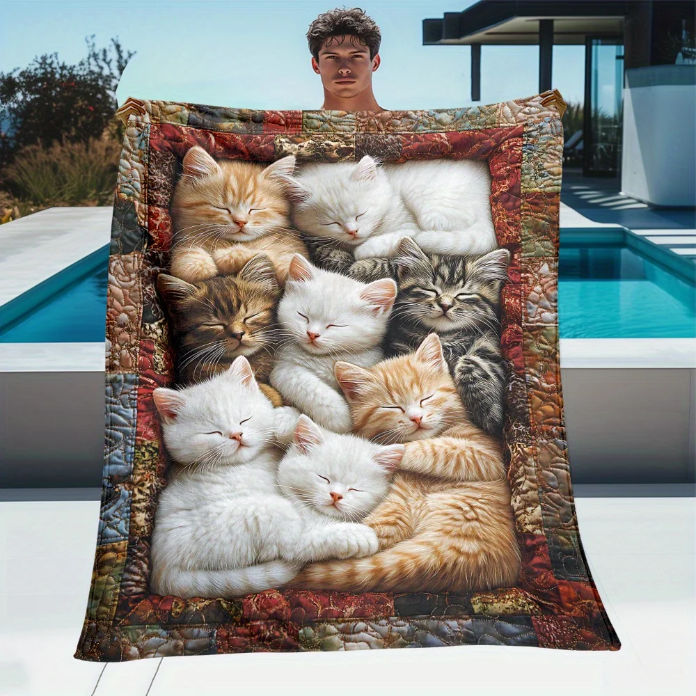 Cluster of Sleeping Kittens Throw Blanket, Lovely Napping Cats Patchwork Art Print Cozy Flannel Blanket Bedroom Sofa Home Decor