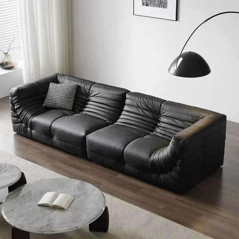 Three-person black leather sofa first layer cowhide