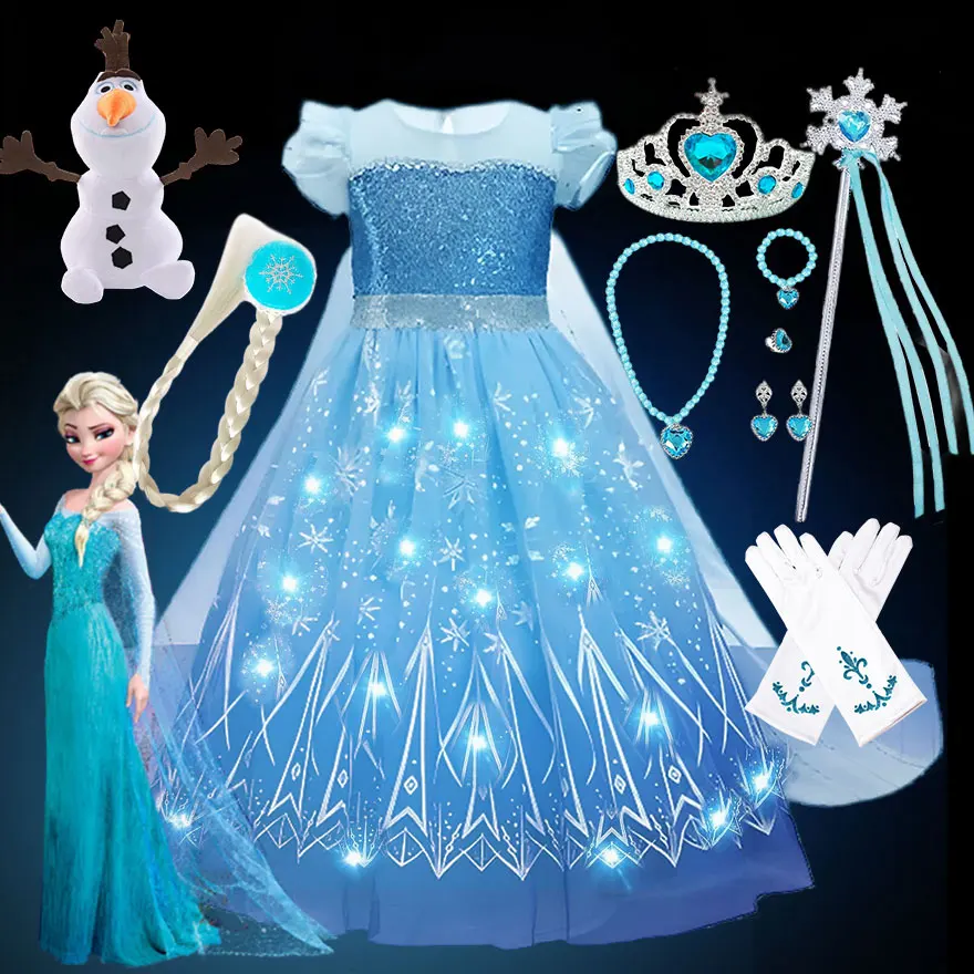 Gaun Elsa Frozen menakjubkan 2024, pakaian putri bermain peran anak perempuan dengan lampu LED, gaun Ratu Salju menyala Disney Fairy Elsa