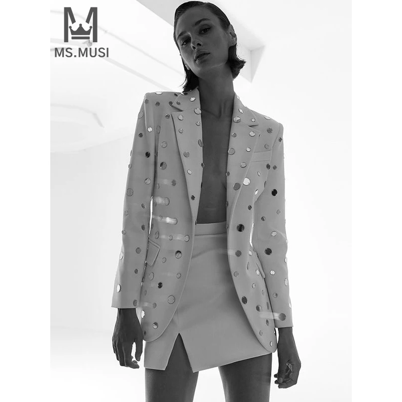 

MSMUSI 2024 New Fashion Women Sexy Turn Down Collar Sequins Long Sleeve Bodycon Party Club Event Blazer Slim Top Jacket Coat