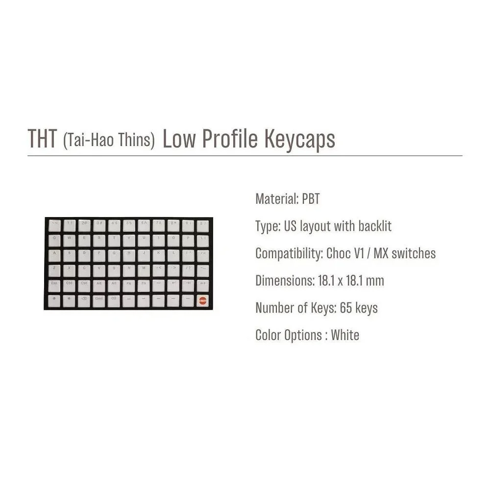 Captanjar THT White Keycap Thins Low Profile Keycaps For Gaming Mechanical KB Kailh Choc 1350 or MX Switch Light Through Taihao