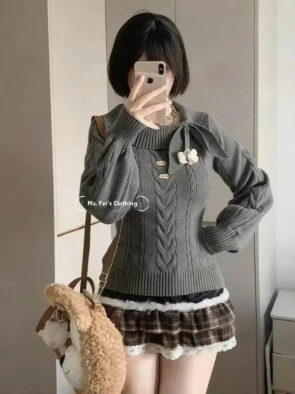 Autumn Winter Slim Fit Knitted Sweater Women's Long Sleeve Overhead Design Pure Color  Knot Waist Cinching Top