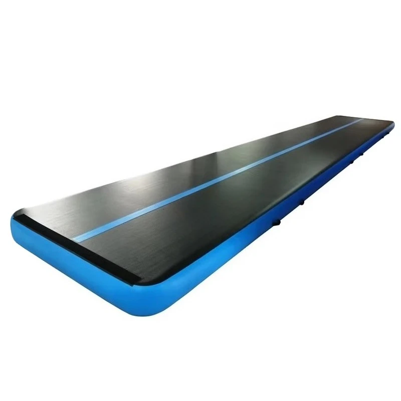 Professional gymnastics training uses a black inflatable air track 12 meters