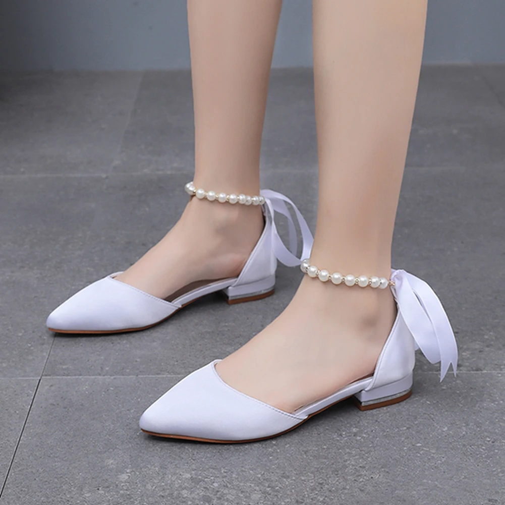 Crystal Queen Pearl Strapping High-heeled Shoes Summer Square Heel Pointed Hollow Women\'s Sandals Casual party Flat
