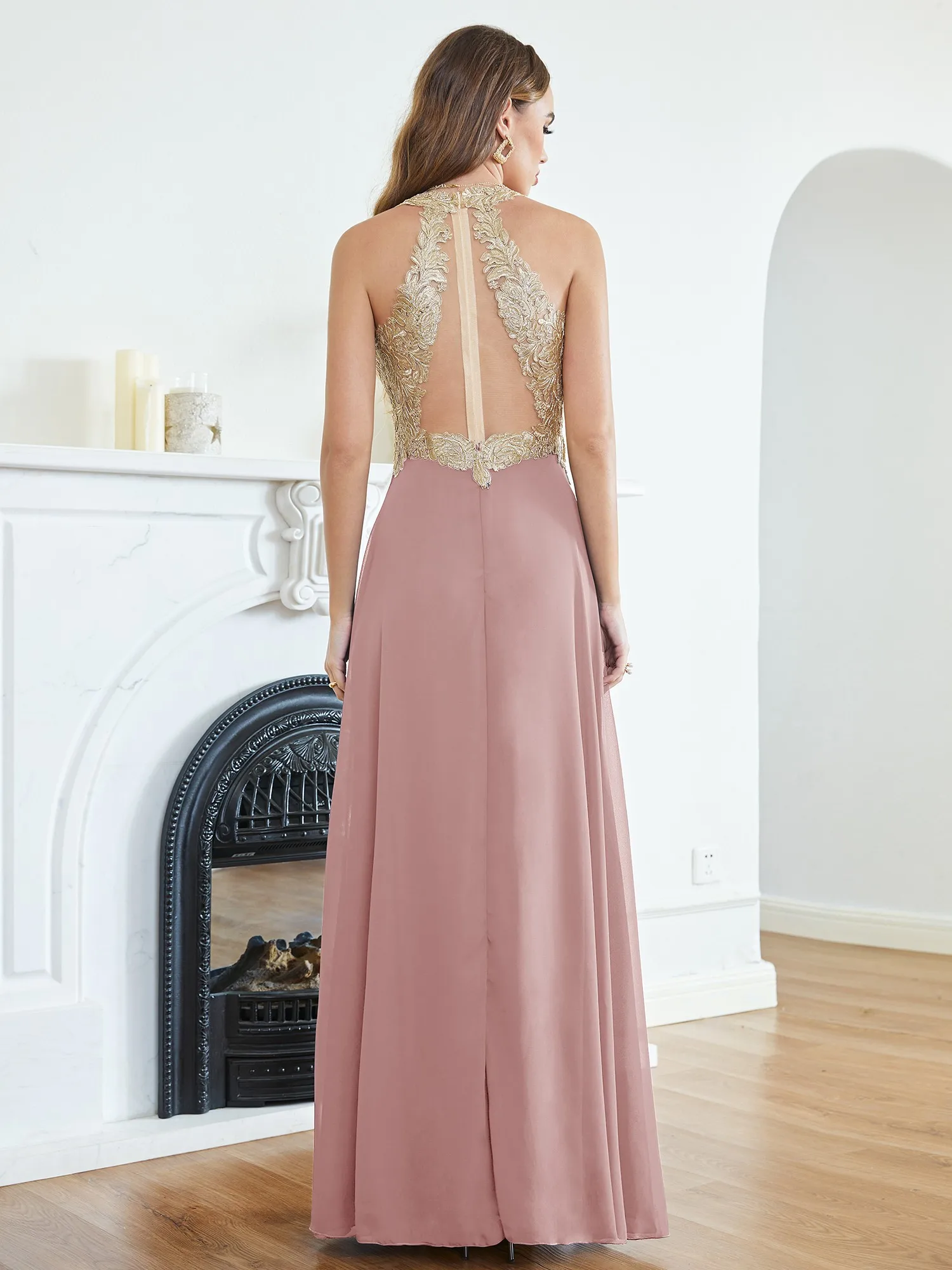 Robe de bal élégante en mousseline de soie pour femmes, col en v, sans manches, ligne scintillante, avec applications dorées, robes de soirée de mariage, nouvelle collection 2026