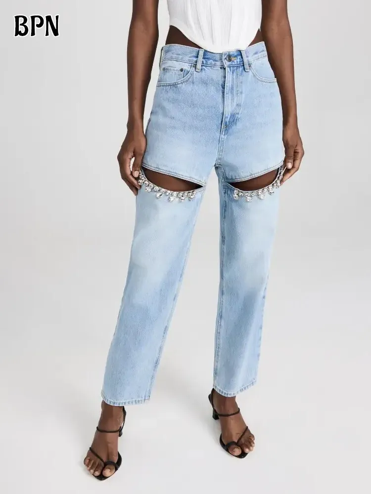 BPN Casual Spliced Diamond Jeans For Women High Waist  Hollow Out Solid Loose Wide Leg Denim Pants Female spring Clothing Style