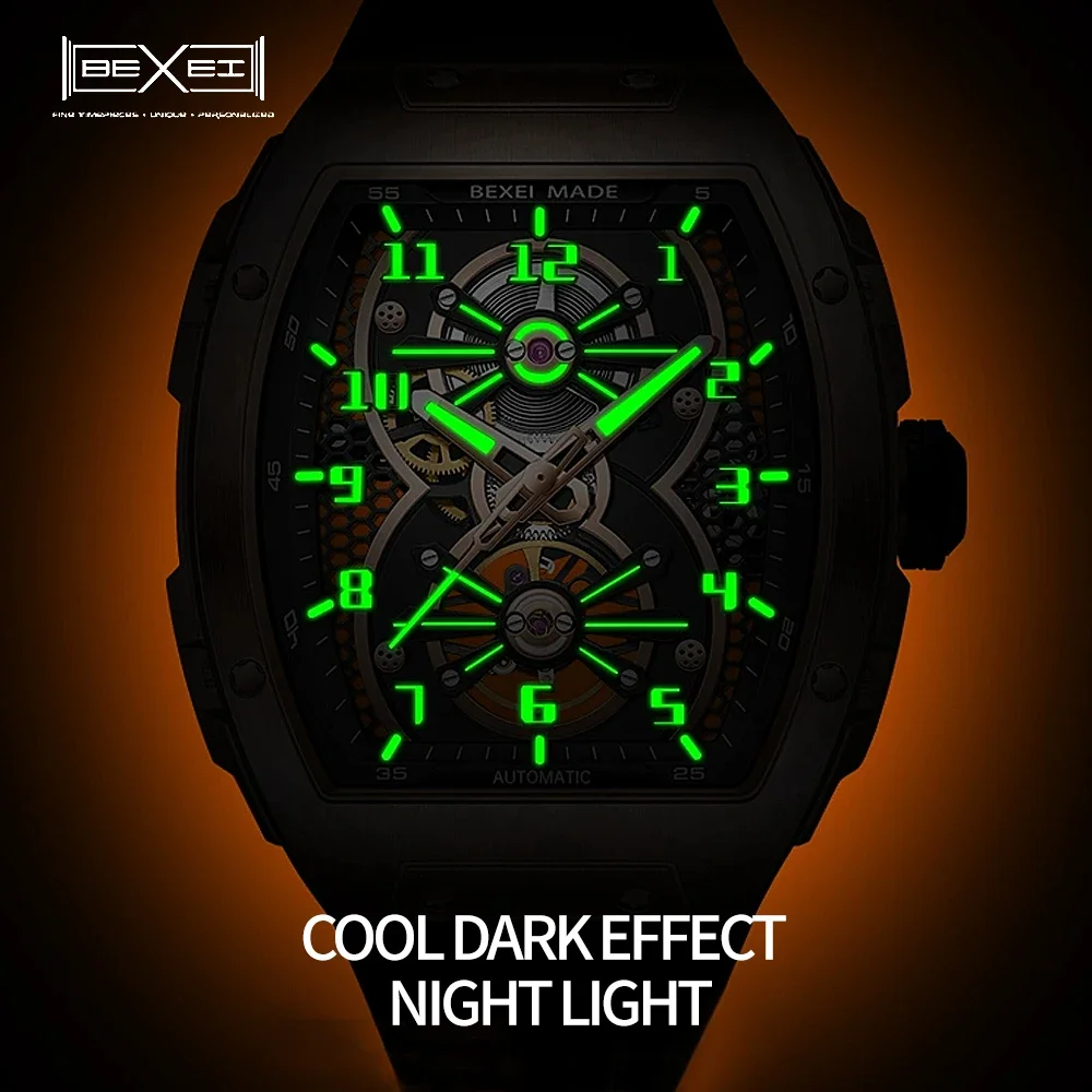 BEXEI 2025 Barrel shape Tonneau watch skeleton dial Automatic mechanical movement for men Luminous Sapphire business watch