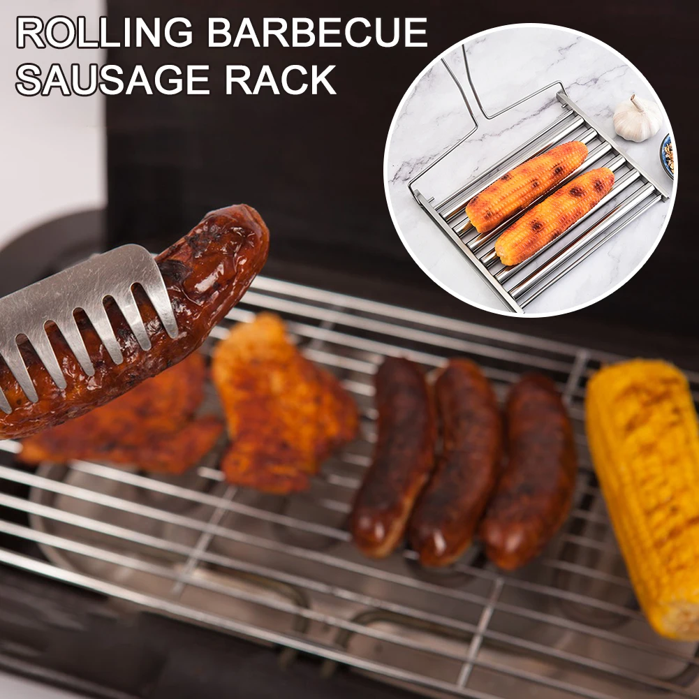 1pc Hot Dog Roller For Grilling Stainless Steel Sausage Rackgriller Bbq Oven Baking Cooking Pans Outdoor Camping Barbecue Tools