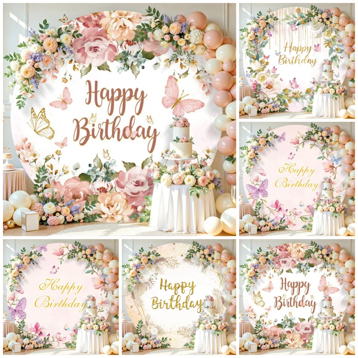 Happy Birthday Round Cover Photography Background Bohemia Flowers Kids Adults Birthday Party Baby Shower Decor Circle Backdrop