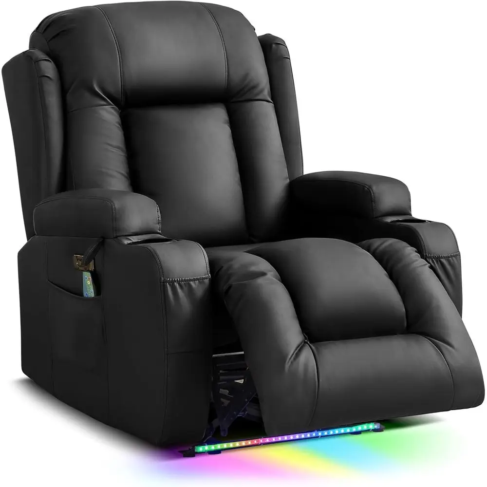 

Massage & Heat Home Theater Recliner with USB, Storage, Side Pocket & LED Light - Black