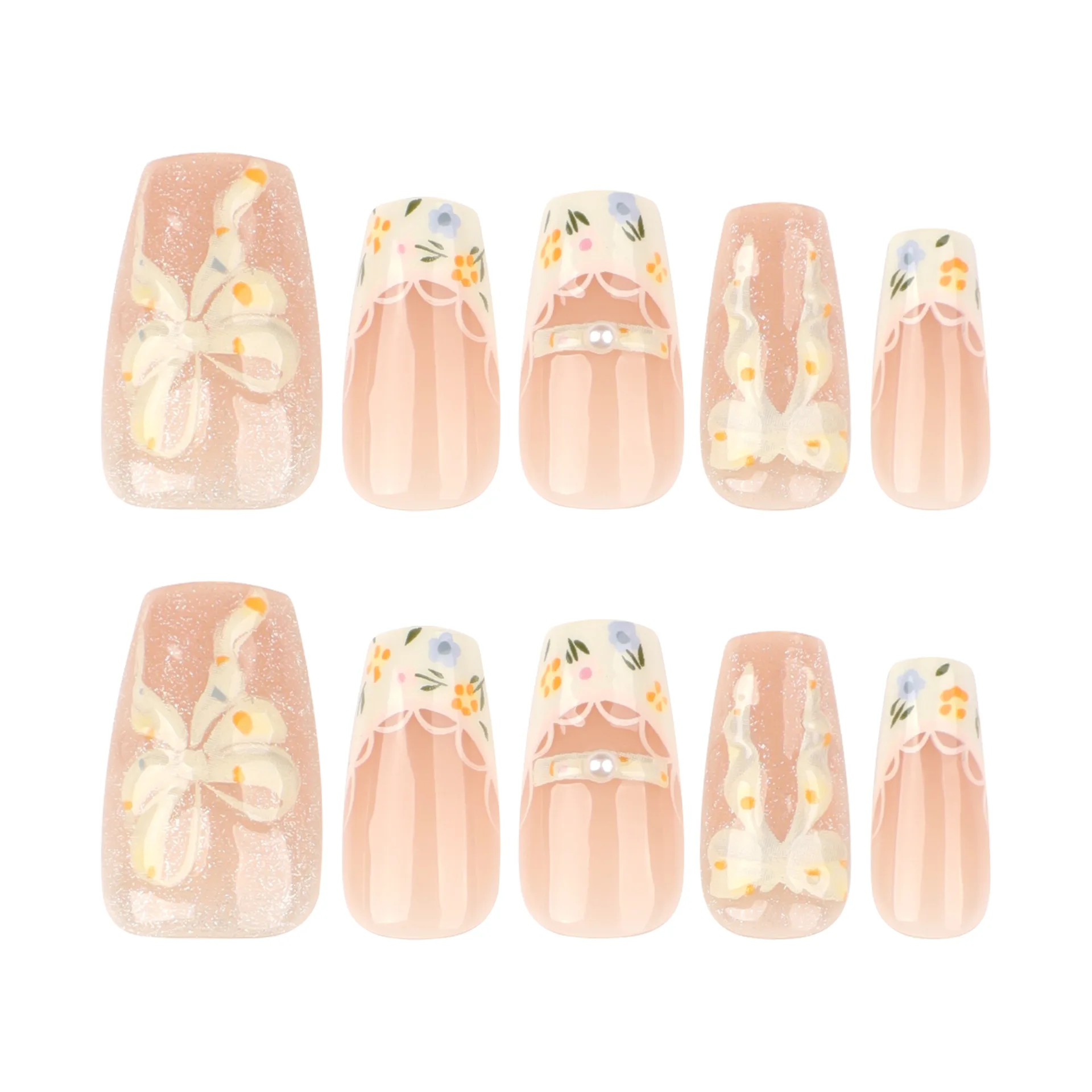 24pcs Little Fresh Bowknots Press On Nails Short Ladder White Edge Lace French Style False Nails Ballet Cat's Eye Fake Nail Tips