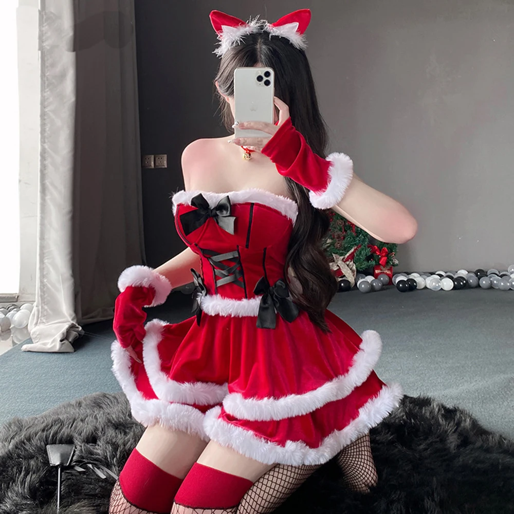 High Quality Women Christmas Dress Sexy Red Christmas Costumes Miss Santa Claus Uniform Xmas Cosplay Costume Lace-up Top + Skirt