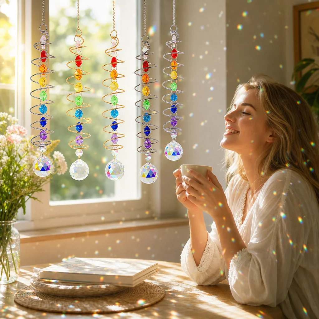 Spiral Crystal Suncatcher 7 Chakra Rainbow Maker Twist Metal Prism Hanging Light Catcher Wind Spinner Window Garden Home Decor